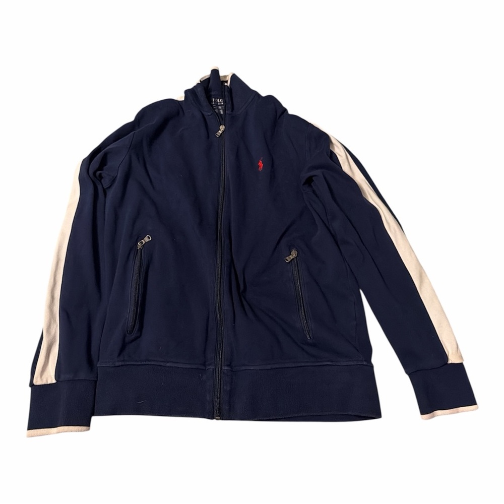 Navy Blue Polo Track Jacket with White Stripes